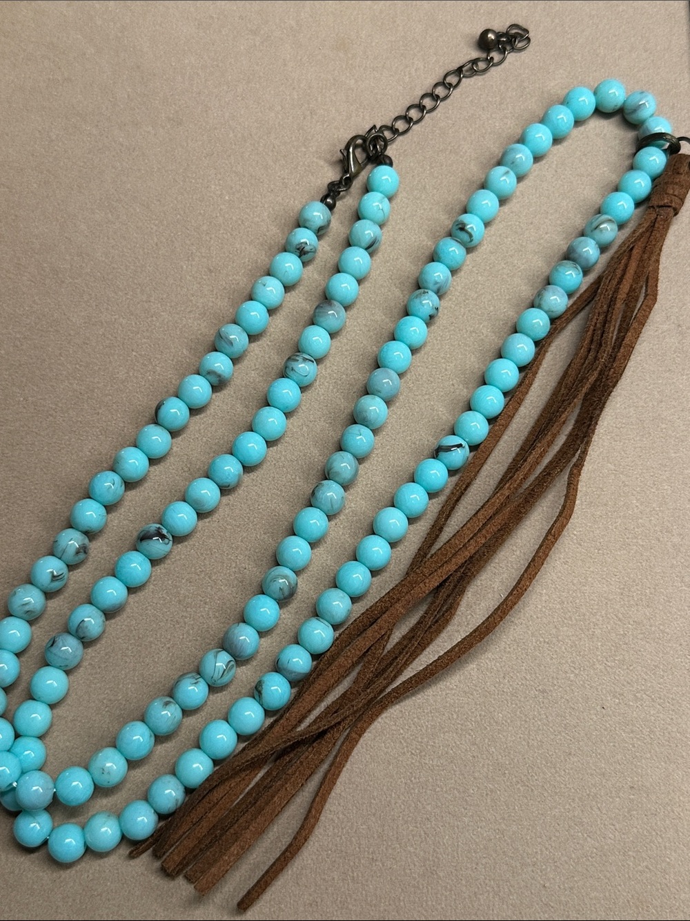 Blue Beaded Necklace, Long, with Brown Tassel